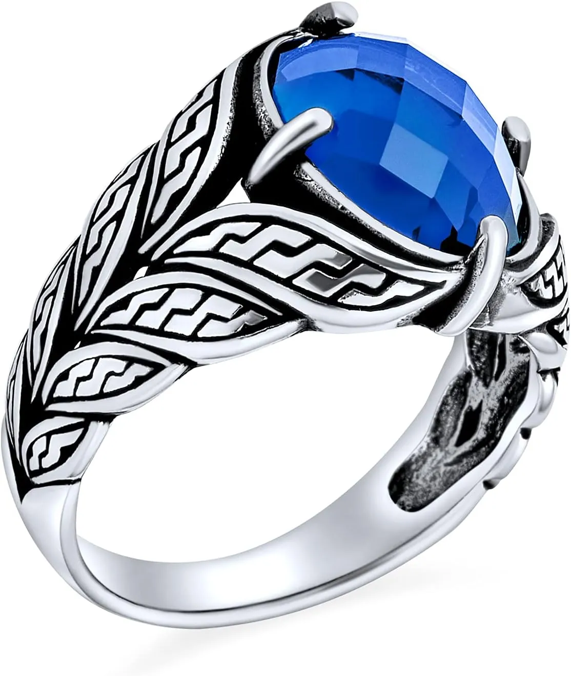Personalize Unisex Vintage Style Scroll or Cobble Stone Cubic Zirconia CZ Simulated Blue Sapphire Statement Signet Ring For Men Oxidized .925 Sterling Silver Handmade In Turkey
