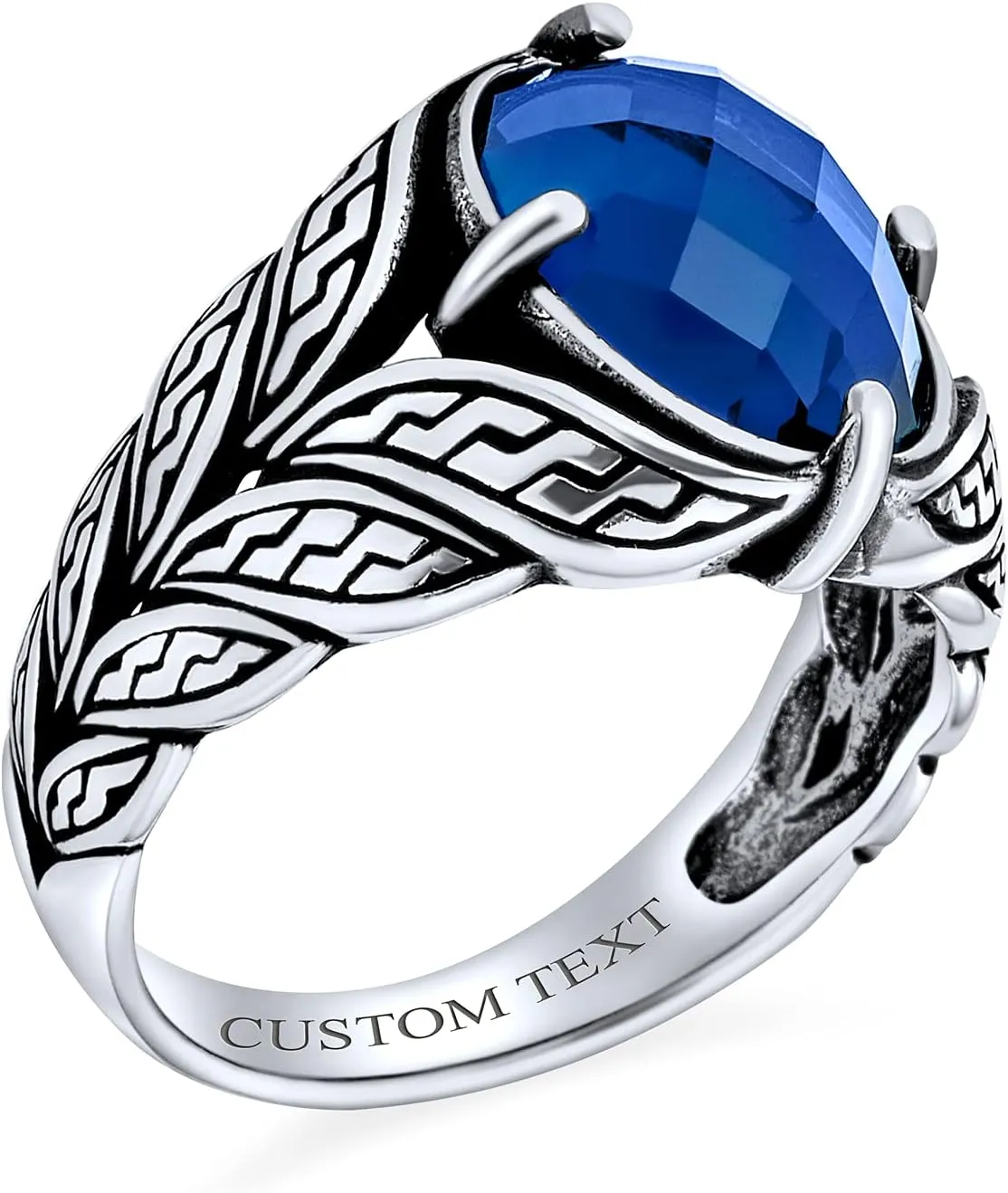 Personalize Unisex Vintage Style Scroll or Cobble Stone Cubic Zirconia CZ Simulated Blue Sapphire Statement Signet Ring For Men Oxidized .925 Sterling Silver Handmade In Turkey