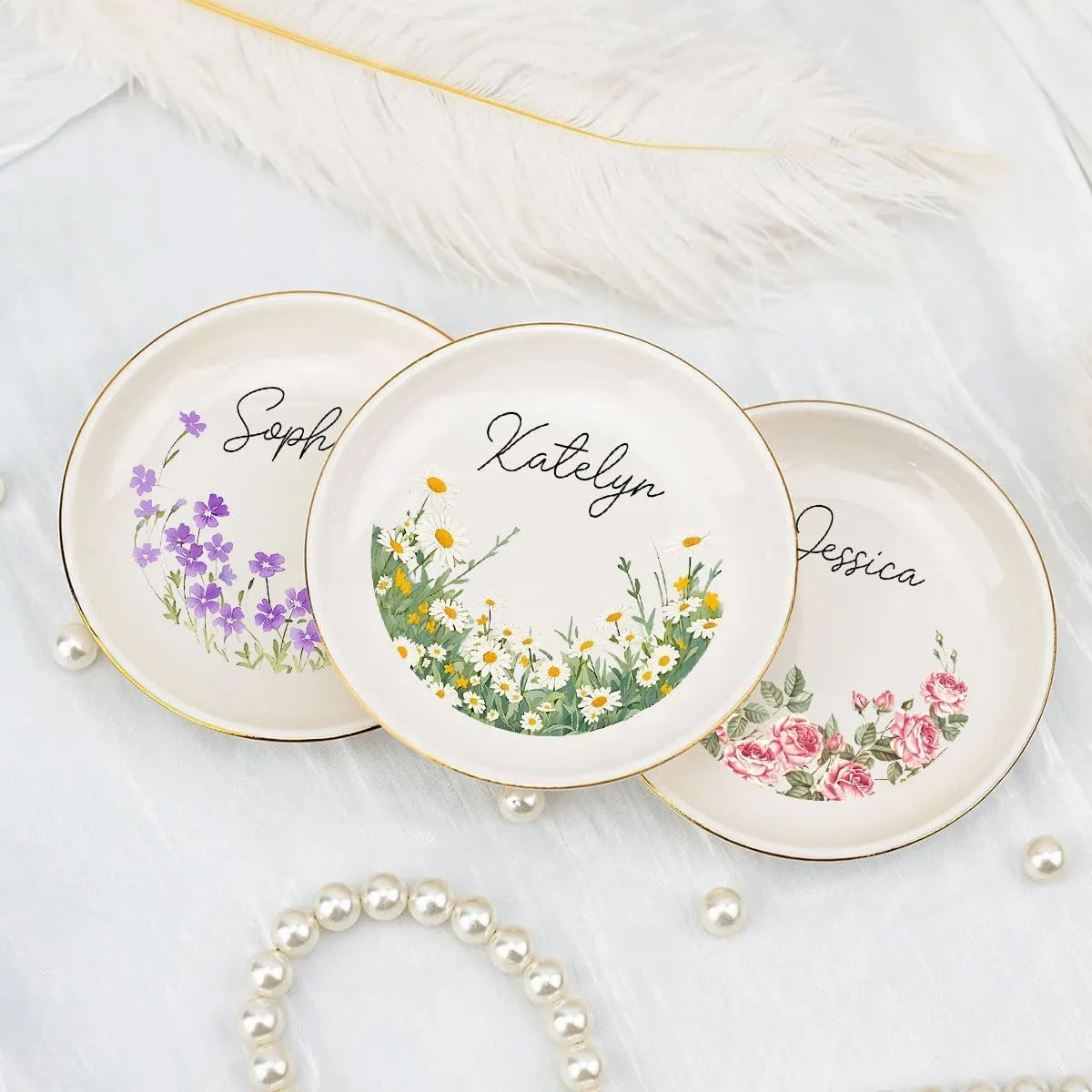 Personalized Birth Month Flower Jewelry - Floral Minimalist Ring Dish with Name for Bestie Friend - White Ceramic Trinket Dish Engagement Wedding Gift for Women