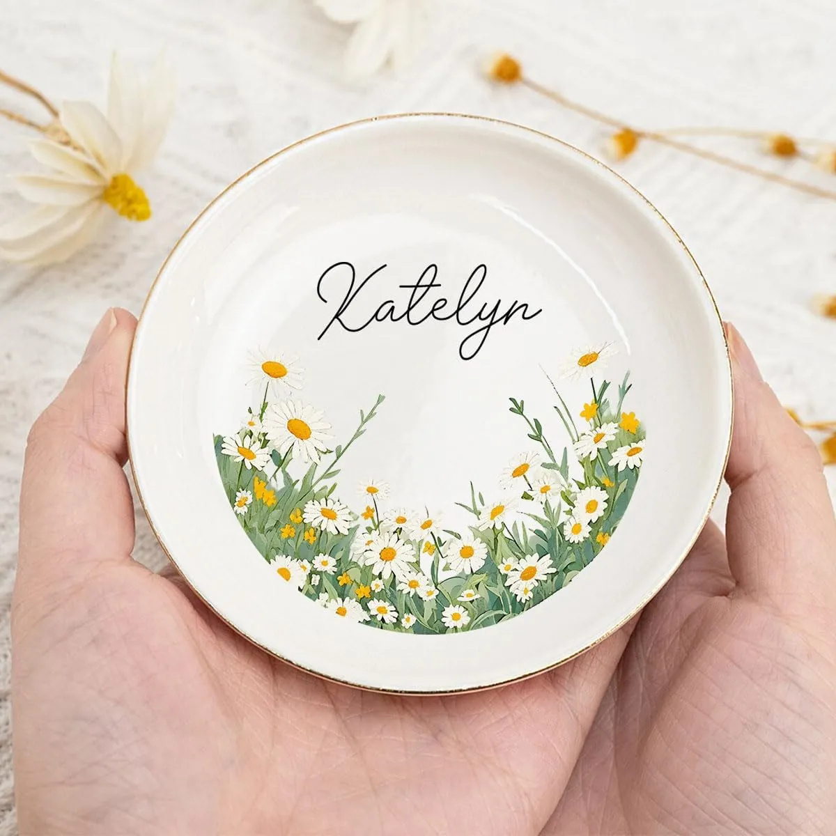 Personalized Birth Month Flower Jewelry - Floral Minimalist Ring Dish with Name for Bestie Friend - White Ceramic Trinket Dish Engagement Wedding Gift for Women