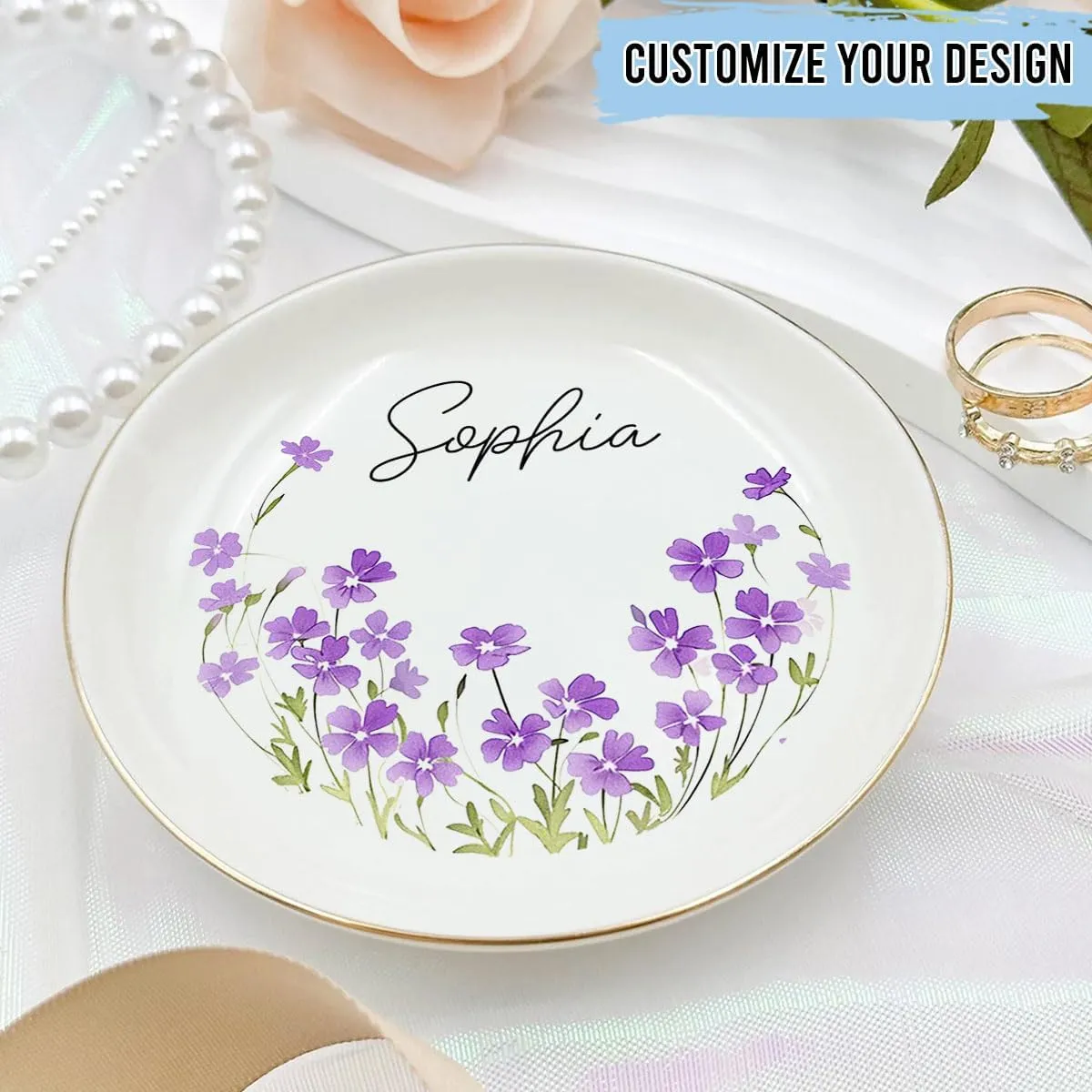 Personalized Birth Month Flower Jewelry - Floral Minimalist Ring Dish with Name for Bestie Friend - White Ceramic Trinket Dish Engagement Wedding Gift for Women