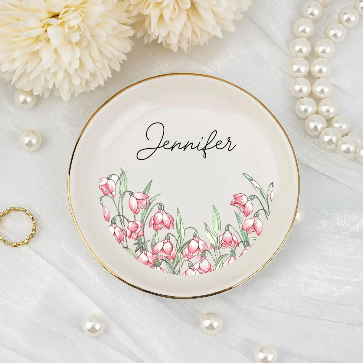 Personalized Birth Month Flower Jewelry - Floral Minimalist Ring Dish with Name for Bestie Friend - White Ceramic Trinket Dish Engagement Wedding Gift for Women