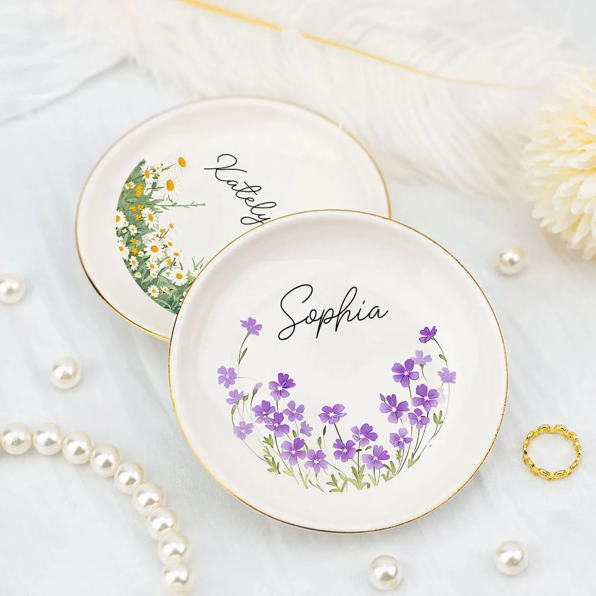 Personalized Birth Month Flower Jewelry - Floral Minimalist Ring Dish with Name for Bestie Friend - White Ceramic Trinket Dish Engagement Wedding Gift for Women