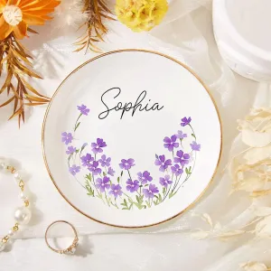 Personalized Birth Month Flower Jewelry - Floral Minimalist Ring Dish with Name for Bestie Friend - White Ceramic Trinket Dish Engagement Wedding Gift for Women