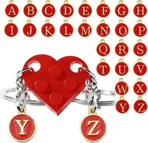 Personalized Brick Matching Couple Heart Keychain Set of 2 Bricks with 26 Letters for Boyfriend Girlfriend Couple Lovers Valentine's Day(Red)