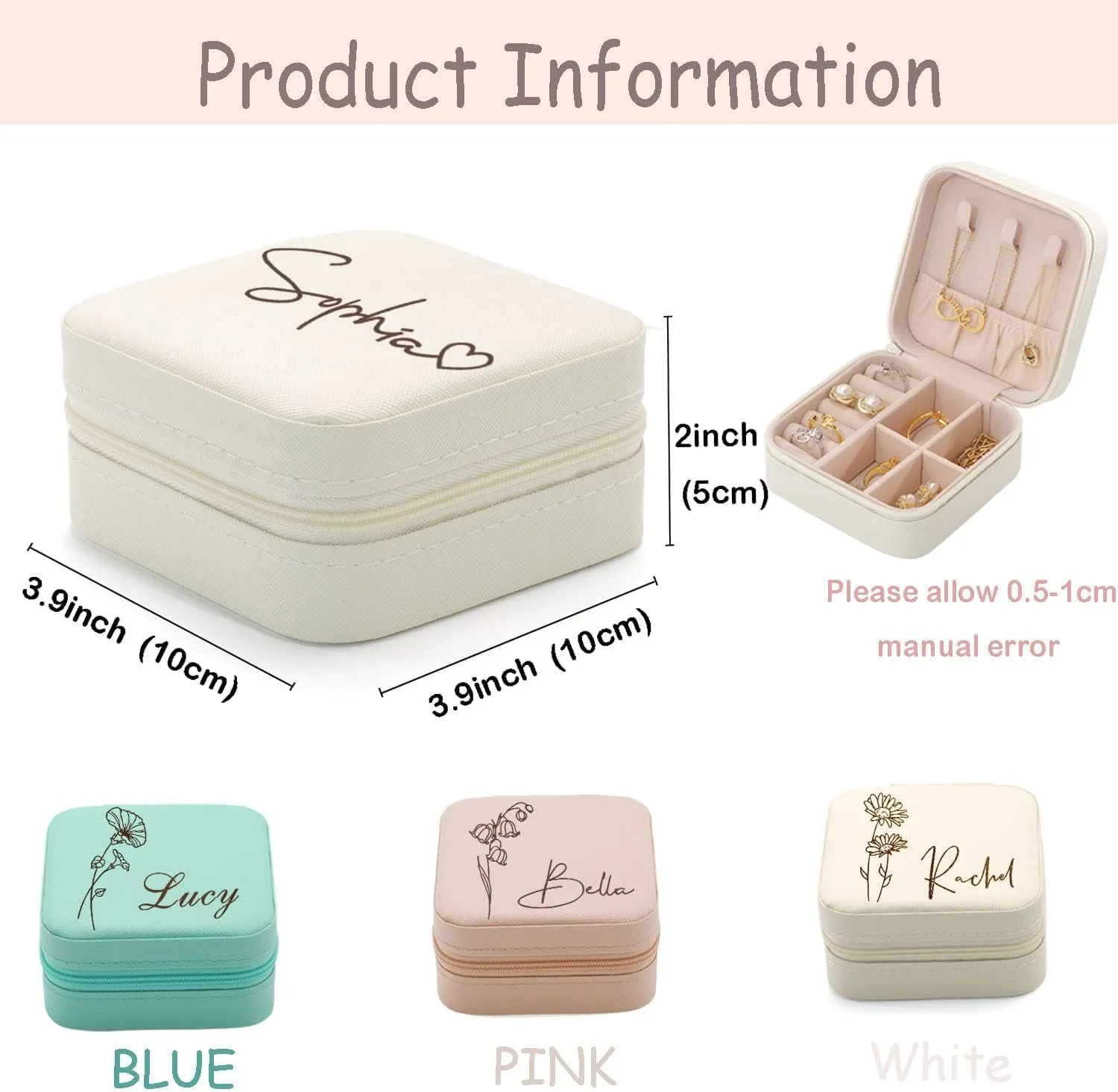 Personalized Jewelry Box for Women, Custom Travel Jewelry Case with Name and Birth Flower, Leather Jewelry Box for Rings, Earrings, Necklaces, Personalized Gifts for Women