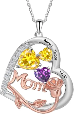 Personalized Mothers Necklace with Birthstone 10K 14K 18K Real Gold Custom Name Birthstone Necklace 1-4 Birthstone Heart Pendant for Wife Mom Grandmom