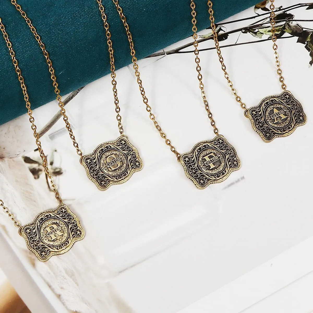 Personalized Name Initial Necklace Sterling Silver or Antique Bronze Necklace Custom 3D Carved Pendant Belt Buckle Necklace First Communion