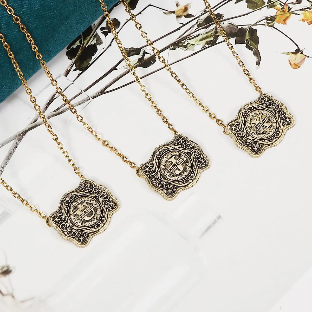 Personalized Name Initial Necklace Sterling Silver or Antique Bronze Necklace Custom 3D Carved Pendant Belt Buckle Necklace First Communion