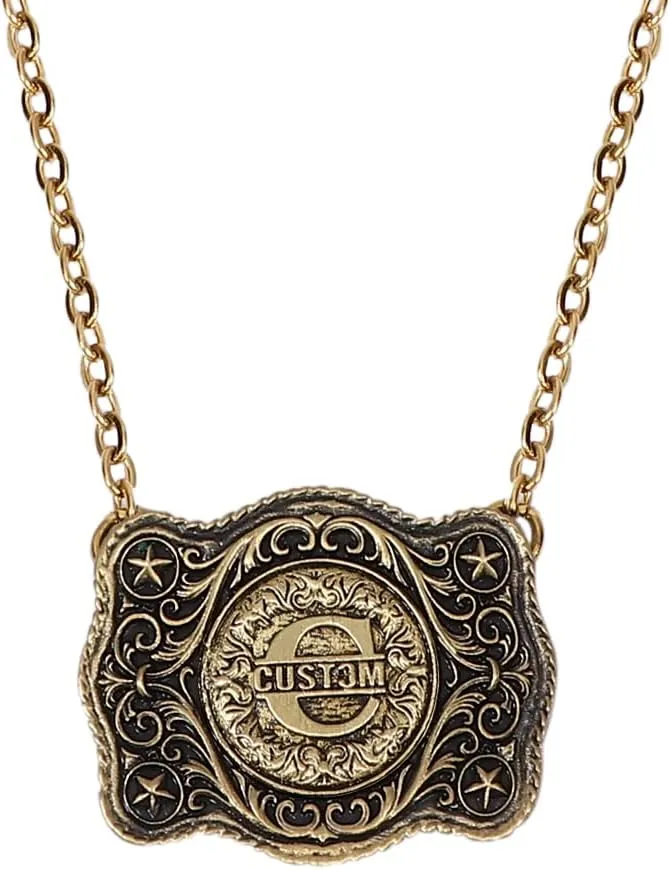 Personalized Name Initial Necklace Sterling Silver or Antique Bronze Necklace Custom 3D Carved Pendant Belt Buckle Necklace First Communion