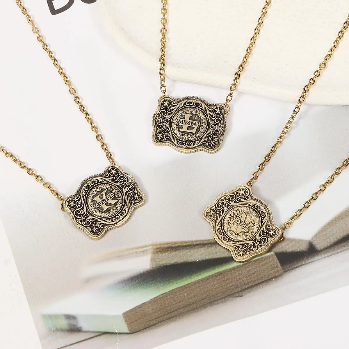 Personalized Name Initial Necklace Sterling Silver or Antique Bronze Necklace Custom 3D Carved Pendant Belt Buckle Necklace First Communion
