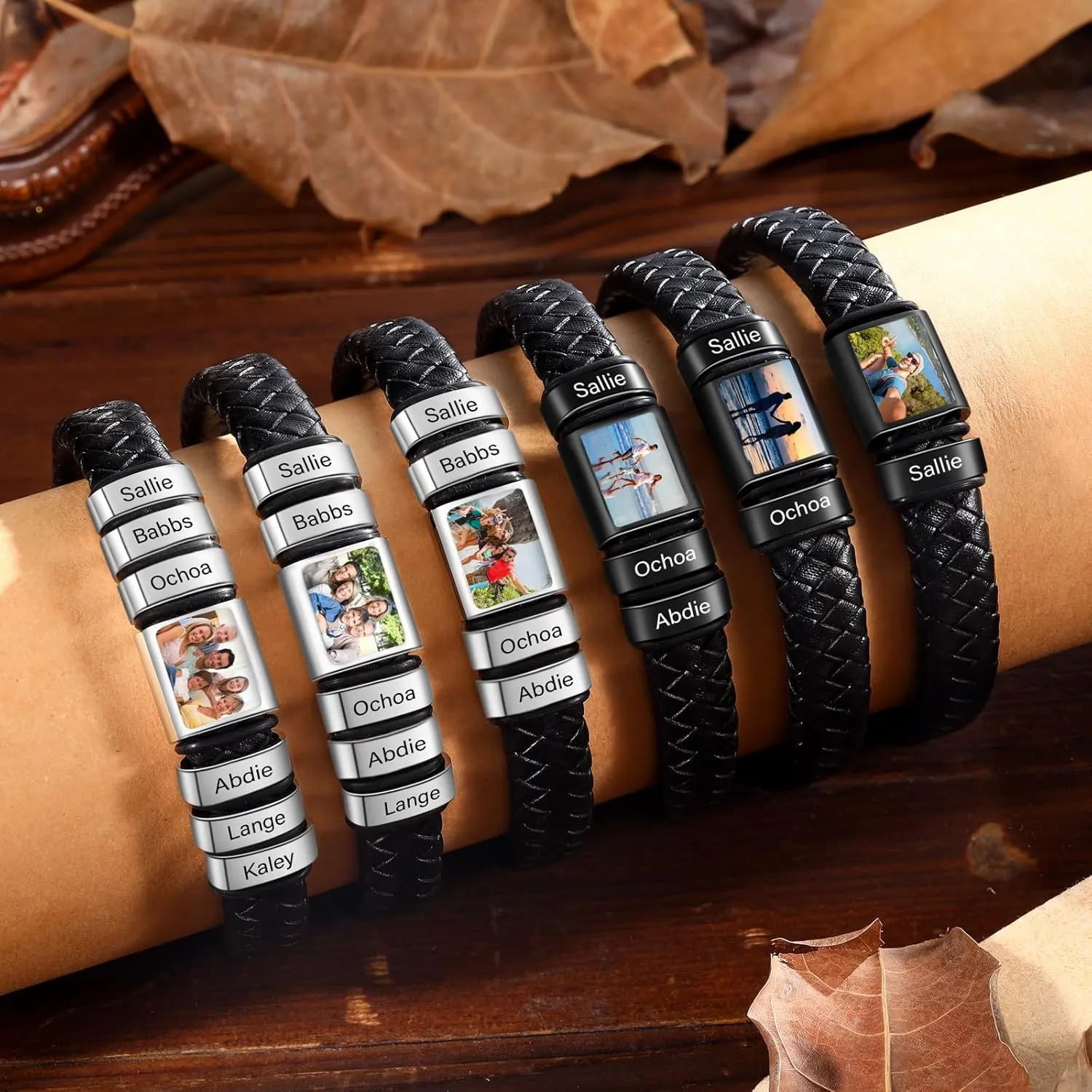 Personalized Photo Bracelet with Name Custom Leather Picture Bracelet for Men Father's Day Christmas Unique Gifts for Dad Husband
