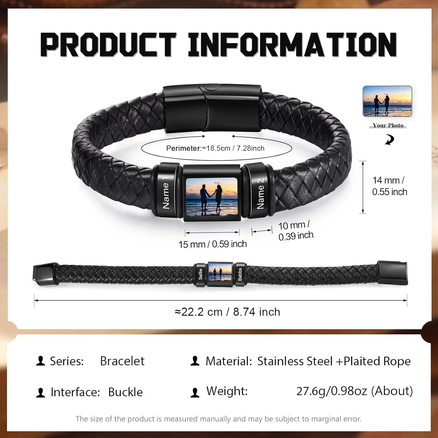 Personalized Photo Bracelet with Name Custom Leather Picture Bracelet for Men Father's Day Christmas Unique Gifts for Dad Husband