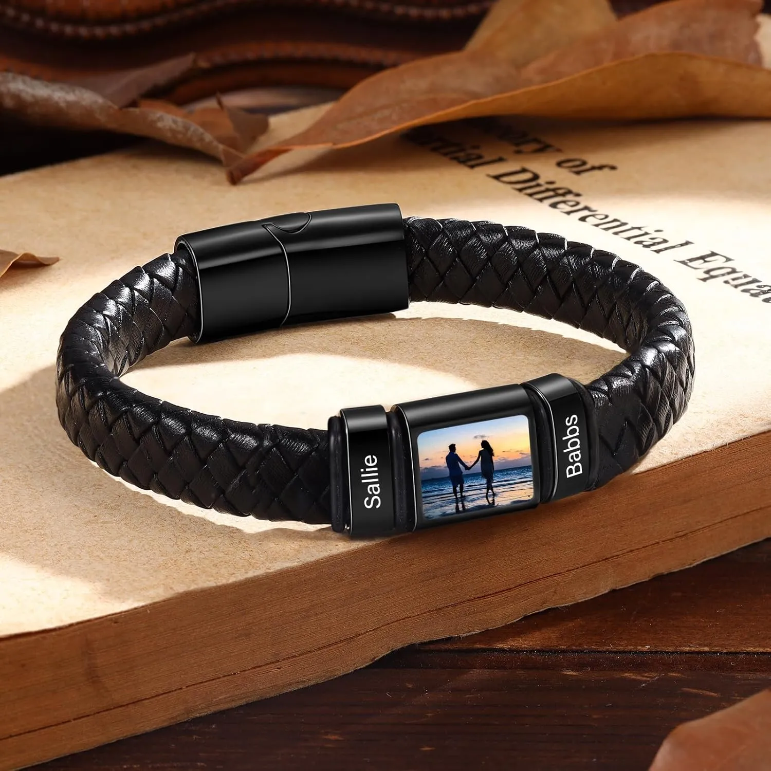 Personalized Photo Bracelet with Name Custom Leather Picture Bracelet for Men Father's Day Christmas Unique Gifts for Dad Husband