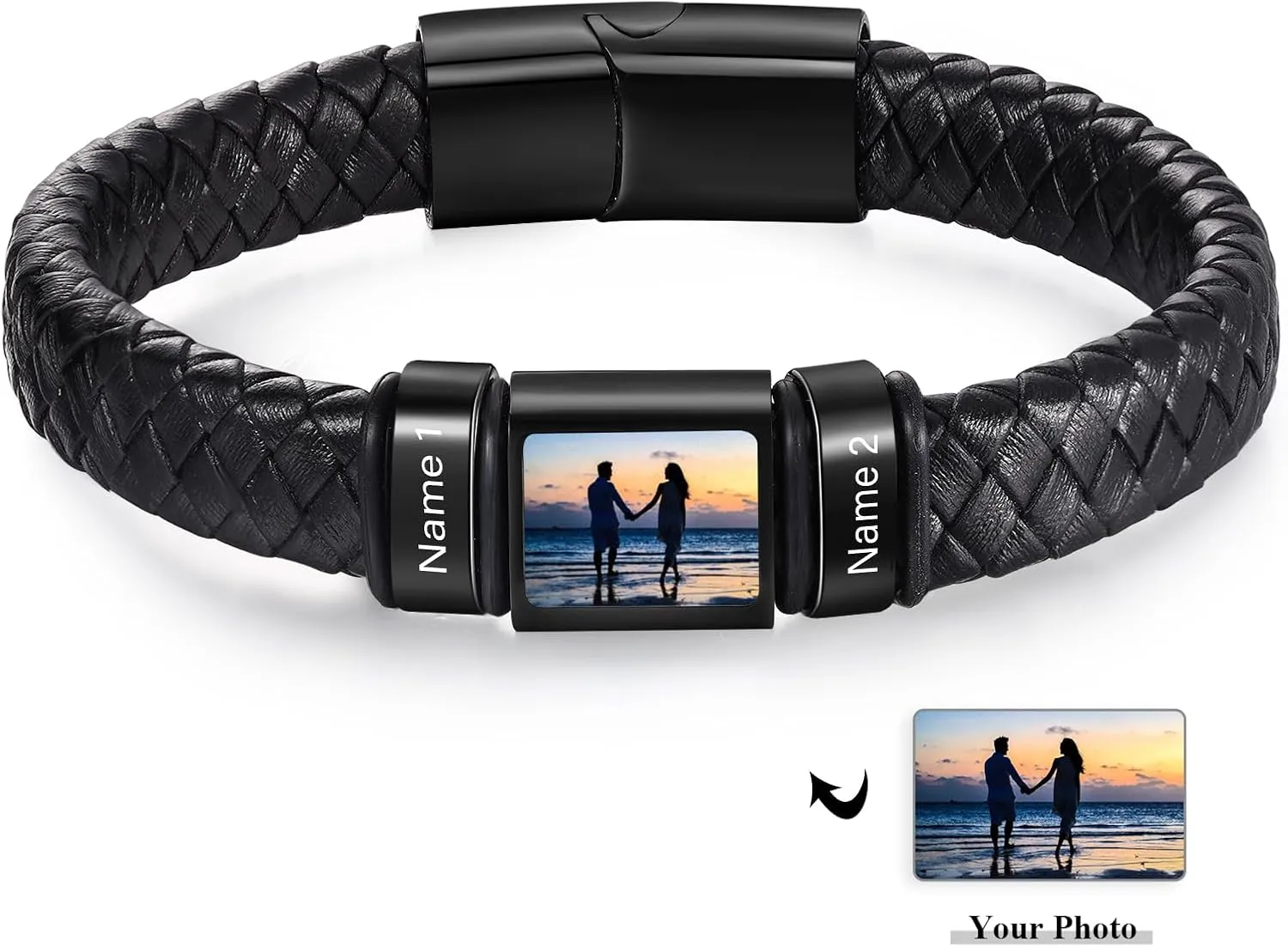 Personalized Photo Bracelet with Name Custom Leather Picture Bracelet for Men Father's Day Christmas Unique Gifts for Dad Husband