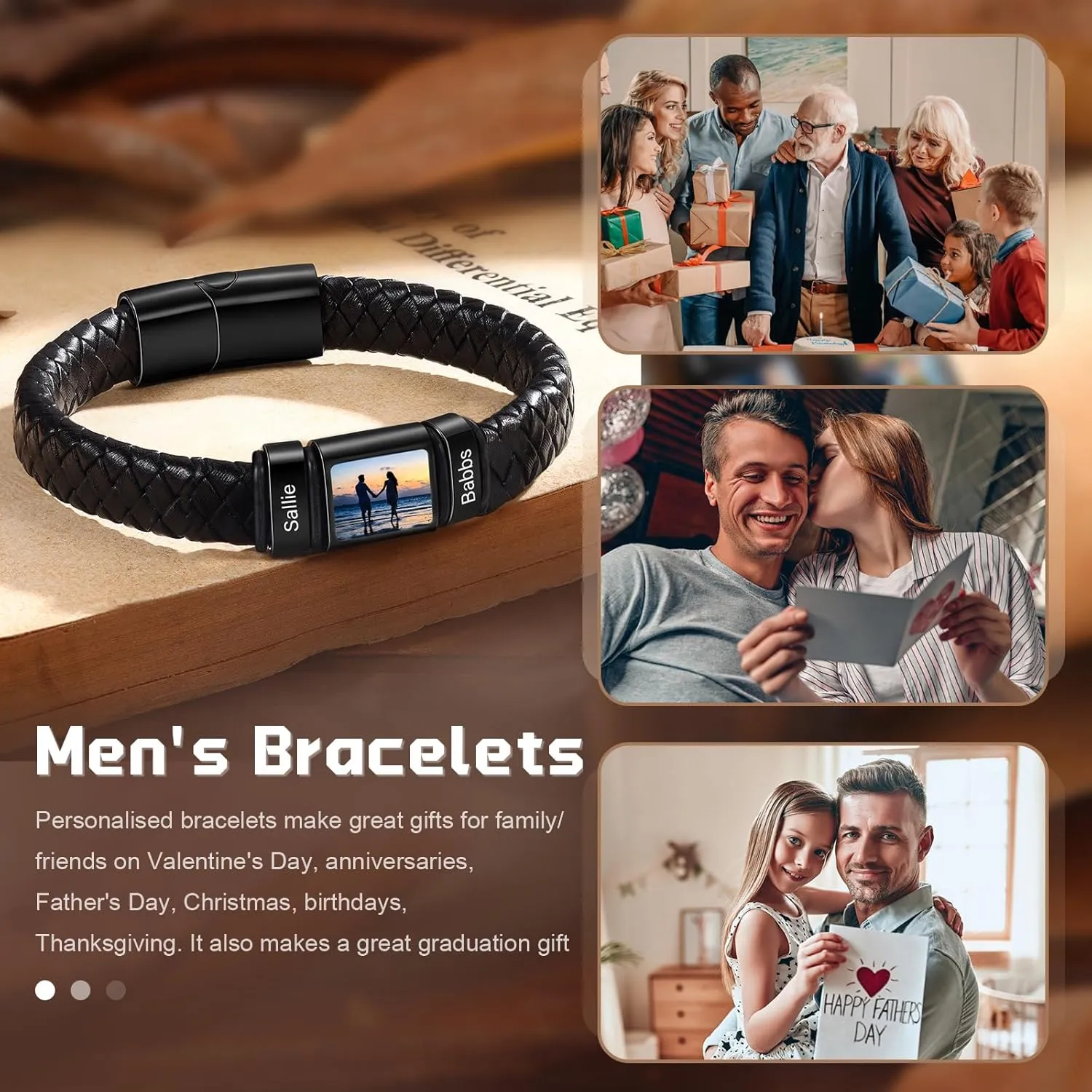 Personalized Photo Bracelet with Name Custom Leather Picture Bracelet for Men Father's Day Christmas Unique Gifts for Dad Husband