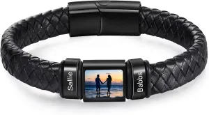 Personalized Photo Bracelet with Name Custom Leather Picture Bracelet for Men Father's Day Christmas Unique Gifts for Dad Husband