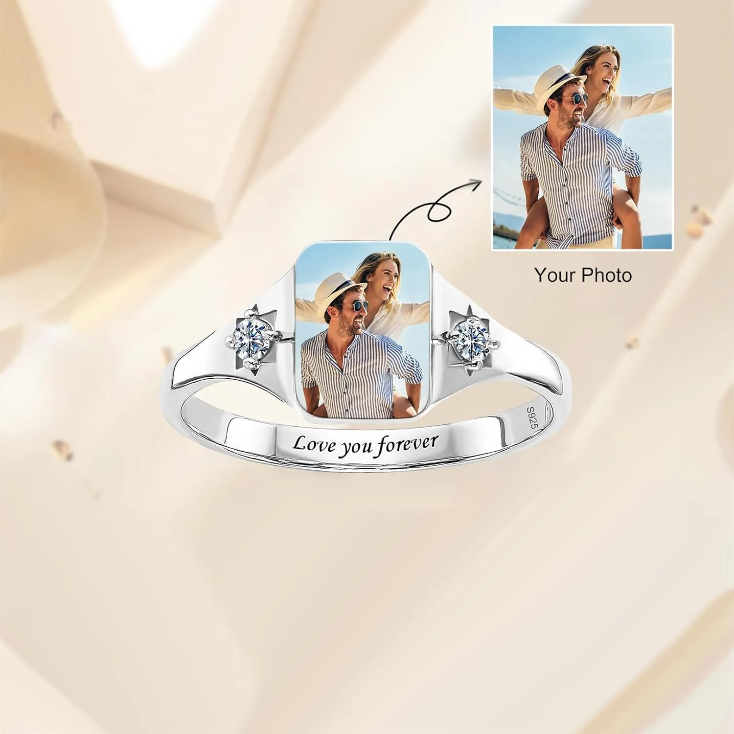 Personalized Photo Ring for Women Men, Customized Picture Ring with 2 Birthstones, Engraved Text Promise Rings Birthday Jewelry Gifts for Mother Grandma