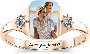 Personalized Photo Ring for Women Men, Customized Picture Ring with 2 Birthstones, Engraved Text Promise Rings Birthday Jewelry Gifts for Mother Grandma