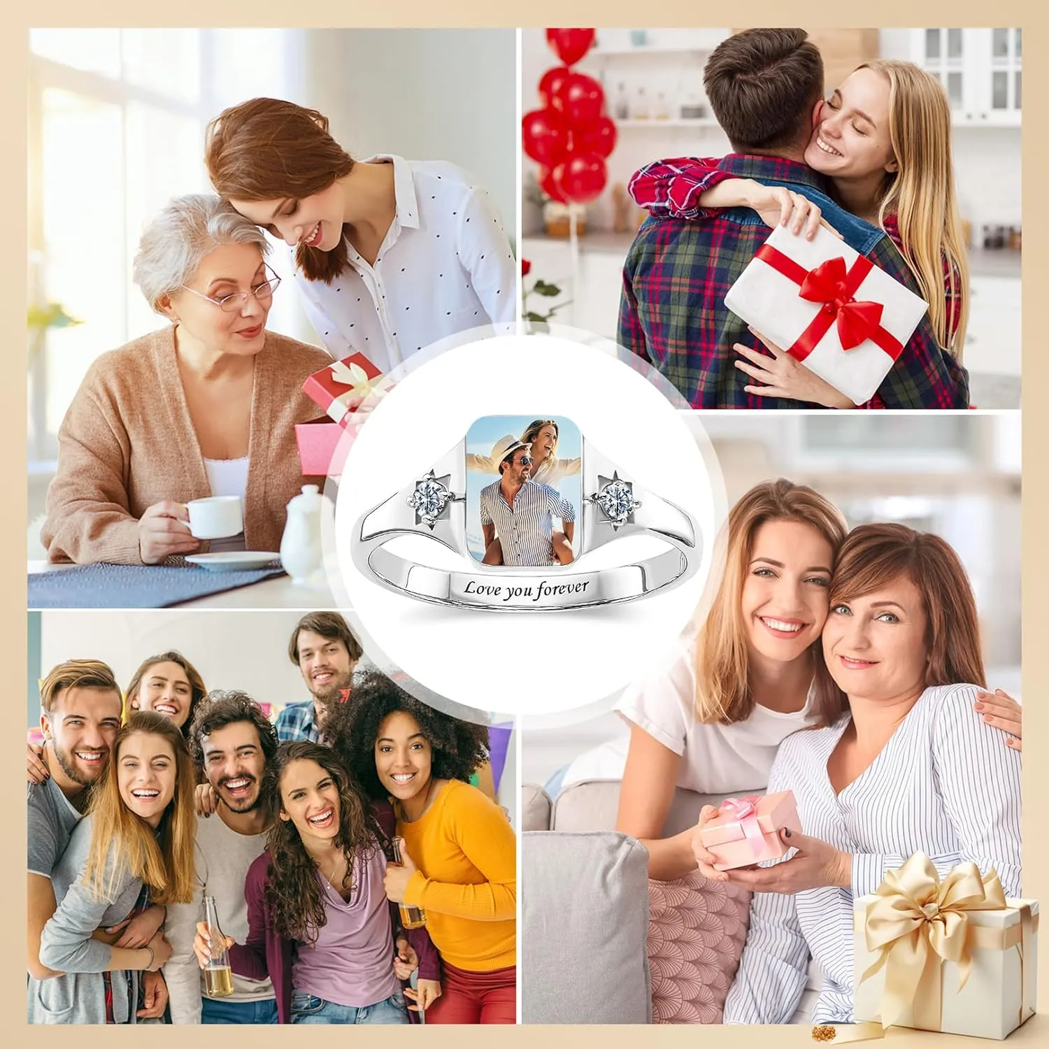 Personalized Photo Ring for Women Men, Customized Picture Ring with 2 Birthstones, Engraved Text Promise Rings Birthday Jewelry Gifts for Mother Grandma