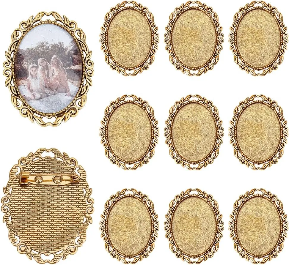 PH PandaHall 10pcs Brooch Cabochon Setting Vintage Brooch Blank Bezel Antique Gold Brooches Pins Trays Oval Cabochon Frame Photo Pin Base for Wedding Bridal Brooches Jewelry Making DIY Craft 51x40x2mm