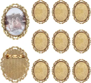 PH PandaHall 10pcs Brooch Cabochon Setting Vintage Brooch Blank Bezel Antique Gold Brooches Pins Trays Oval Cabochon Frame Photo Pin Base for Wedding Bridal Brooches Jewelry Making DIY Craft 51x40x2mm