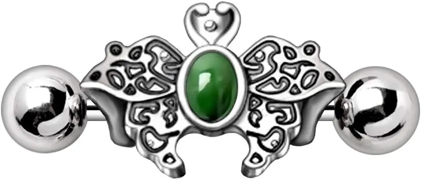 Pierced Owl 16GA Stainless Steel Ornate Green Beaded Butterfly Cartilage Cuff Earring