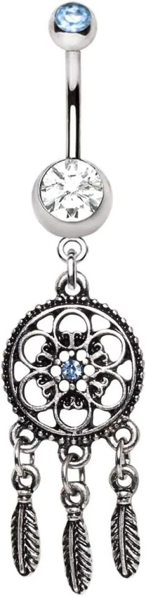 Pierced Owl Blue and Clear CZ Crystal Ornate Dream Catcher Dangle Belly Button Navel Ring