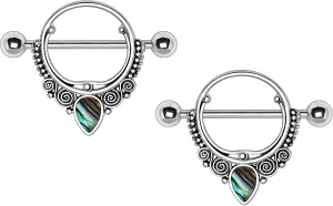 Pierced Owl Stainless Steel Abalone Teardrop Ornate Nipple Shields, Sold as Pair