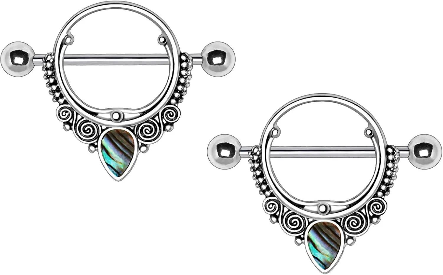 Pierced Owl Stainless Steel Abalone Teardrop Ornate Nipple Shields, Sold as Pair