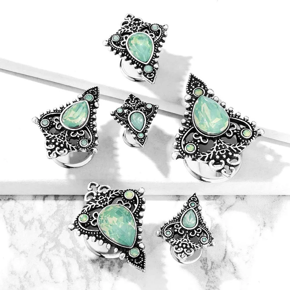 Pierced Owl - Stainless Steel Jade Green Opalite Tear Drop Ornate Tribal Shield Double Flared Plug Gauges, Sold As Pair