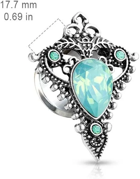 Pierced Owl - Stainless Steel Jade Green Opalite Tear Drop Ornate Tribal Shield Double Flared Plug Gauges, Sold As Pair