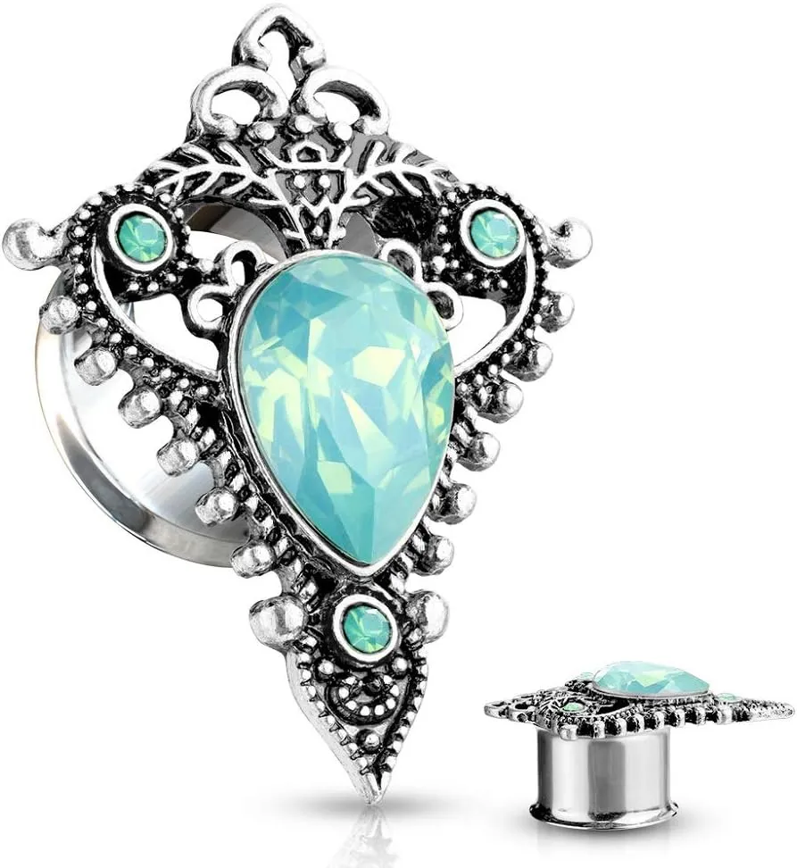 Pierced Owl - Stainless Steel Jade Green Opalite Tear Drop Ornate Tribal Shield Double Flared Plug Gauges, Sold As Pair