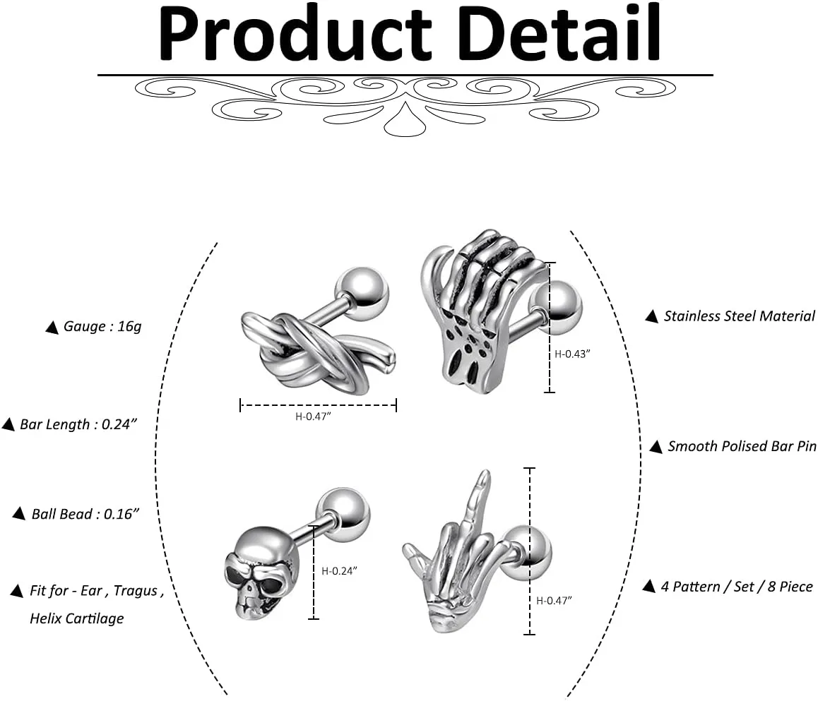 PiercingJ 4 Pairs 16G Punk Stud Skull Skeleton Hand Earrings for men Ear Lobe Cartilage Helix Studs Men Women Rock Gothic Piercing Earrings Jewelry