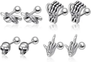 PiercingJ 4 Pairs 16G Punk Stud Skull Skeleton Hand Earrings for men Ear Lobe Cartilage Helix Studs Men Women Rock Gothic Piercing Earrings Jewelry