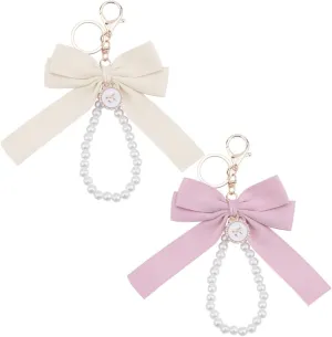 Pink Pearl Chain Bow Keychain For Car Keys Purse Charms For Handbags Pearls Beaded Keychain
