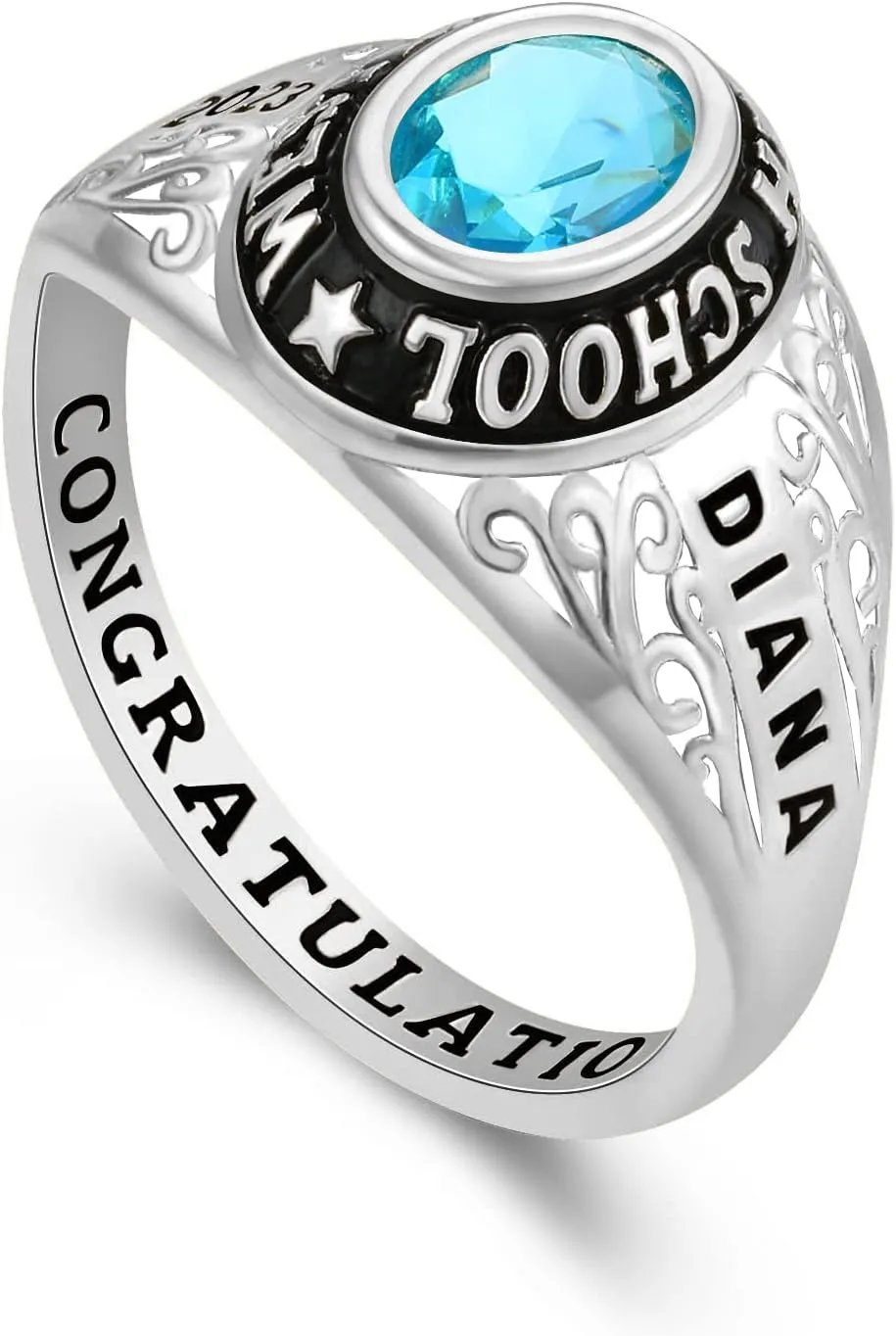 PJM Mementos USA Premium Class Ring Authentic Class Ring for Women  Filigree Collection  Genuine 925 Sterling Silver or 10KT Gold  Customized High School College University Women's Class Ring  Graduation Gifts
