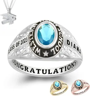 PJM Mementos USA Premium Class Ring Authentic Class Ring for Women  Filigree Collection  Genuine 925 Sterling Silver or 10KT Gold  Customized High School College University Women's Class Ring  Graduation Gifts