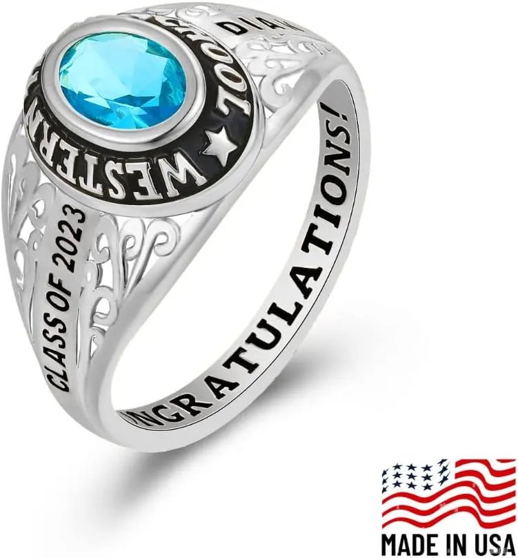 PJM Mementos USA Premium Class Ring Authentic Class Ring for Women  Filigree Collection  Genuine 925 Sterling Silver or 10KT Gold  Customized High School College University Women's Class Ring  Graduation Gifts