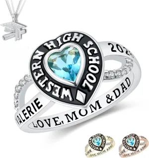 PJM Mementos USA Premium Class Ring Authentic Class Ring for Women  HeartStone Collection  Genuine 925 Sterling Silver or 10KT Gold  Customized High School College University Women's Class Ring  Graduation Gifts