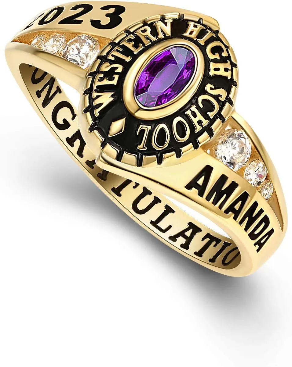 PJM Mementos USA Premium Class Ring Authentic Class Ring for Women  Pageantry Collection  Genuine 925 Sterling Silver or 10KT Gold  Customized High School College University Women's Class Ring  Graduation Gifts