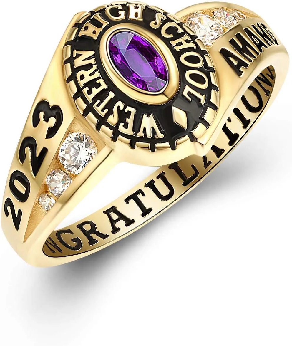 PJM Mementos USA Premium Class Ring Authentic Class Ring for Women  Pageantry Collection  Genuine 925 Sterling Silver or 10KT Gold  Customized High School College University Women's Class Ring  Graduation Gifts