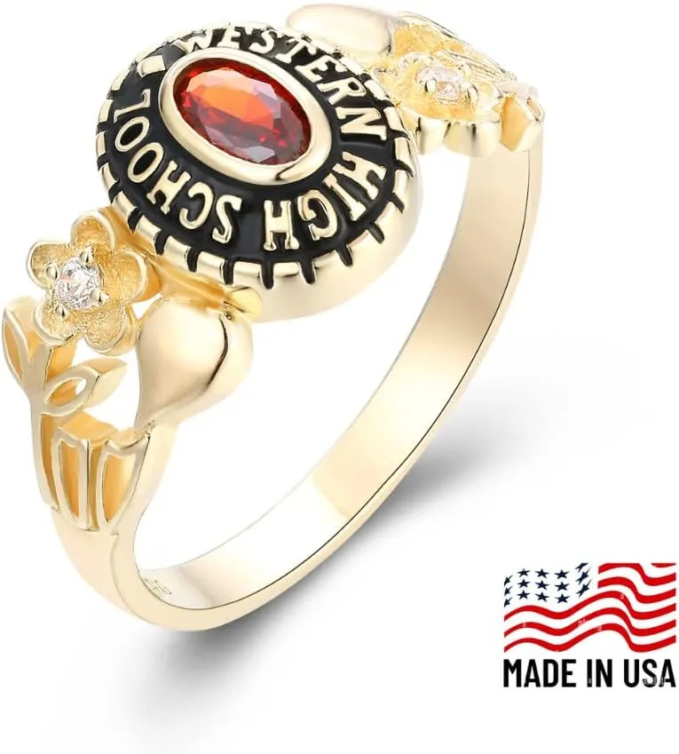 PJM Mementos USA Premium Class Ring Authentic Class Ring for Women  Petite Flower Collection  Genuine 925 Sterling Silver or 10KT Gold  Customized High School College University Women's Class Ring  Graduation Gifts