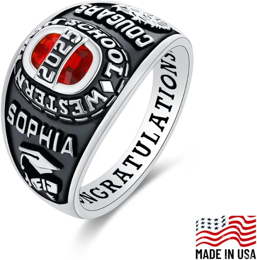 PJM Mementos USA Premium Class Ring Authentic Class Ring for Women  Royal Collection  Genuine 925 Sterling Silver or 10KT Gold  Customized High School College University Women's Class Ring  Graduation Gifts