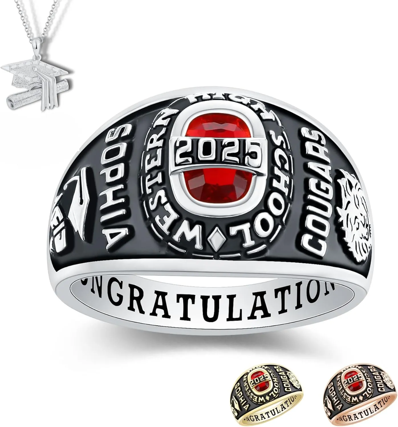 PJM Mementos USA Premium Class Ring Authentic Class Ring for Women  Royal Collection  Genuine 925 Sterling Silver or 10KT Gold  Customized High School College University Women's Class Ring  Graduation Gifts