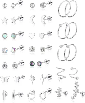 PLOMFOV 20G Stainless Steel Stud Earrings for Women Multipack Cartilage Earring for Men Ball Small CZ Heart Flower Star Flat Back Earrings Helix Piercing Jewelry