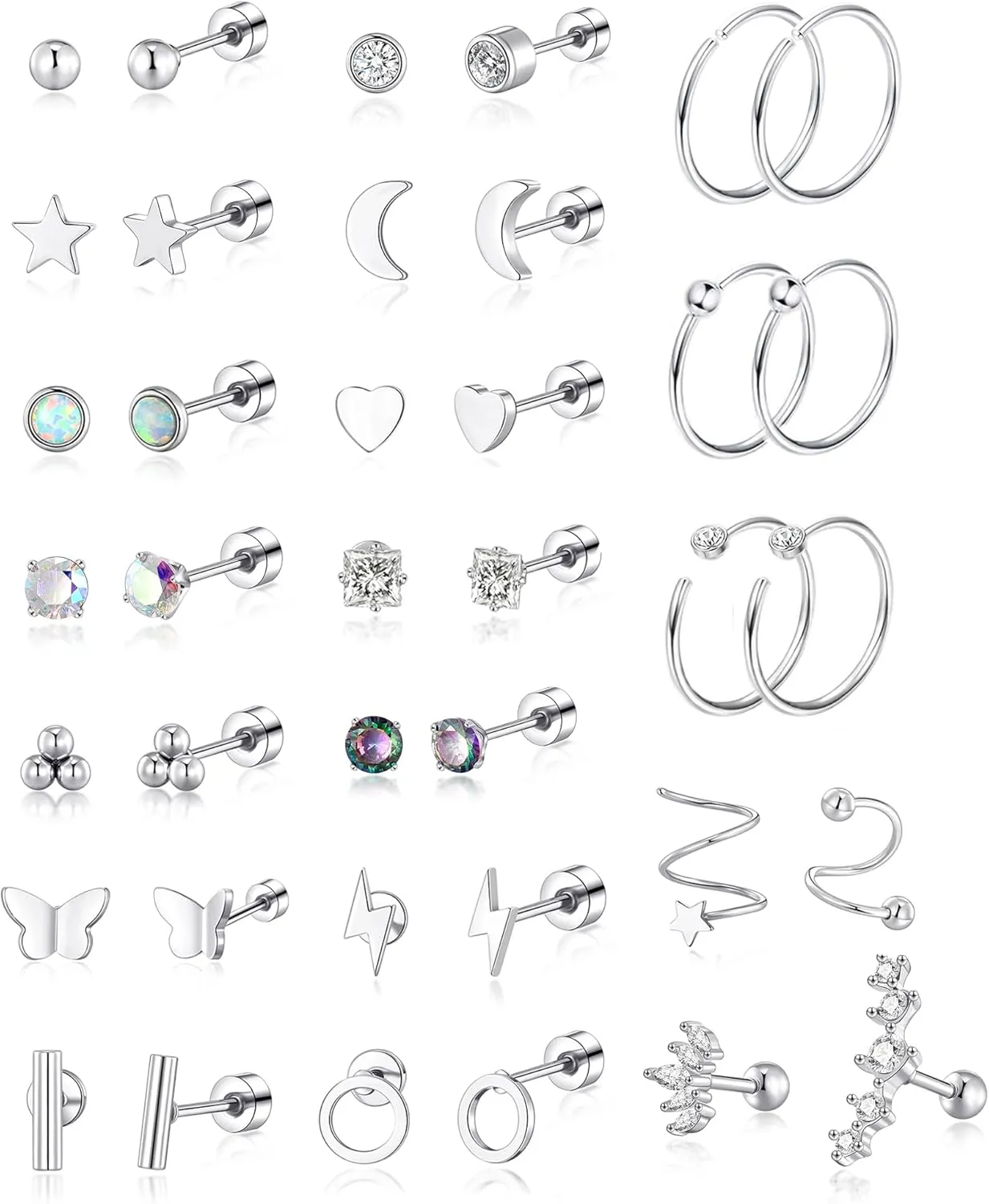 PLOMFOV 20G Stainless Steel Stud Earrings for Women Multipack Cartilage Earring for Men Ball Small CZ Heart Flower Star Flat Back Earrings Helix Piercing Jewelry
