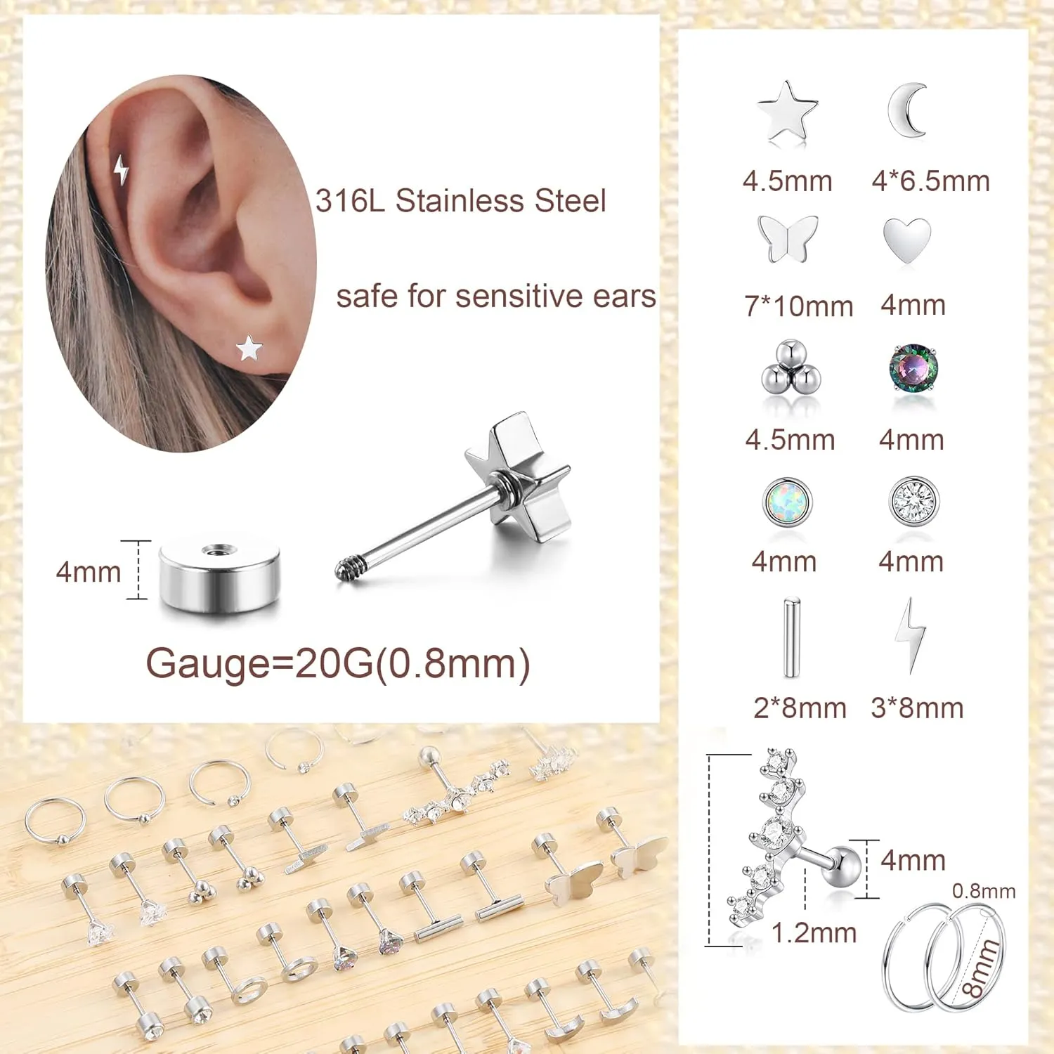 PLOMFOV 20G Stainless Steel Stud Earrings for Women Multipack Cartilage Earring for Men Ball Small CZ Heart Flower Star Flat Back Earrings Helix Piercing Jewelry