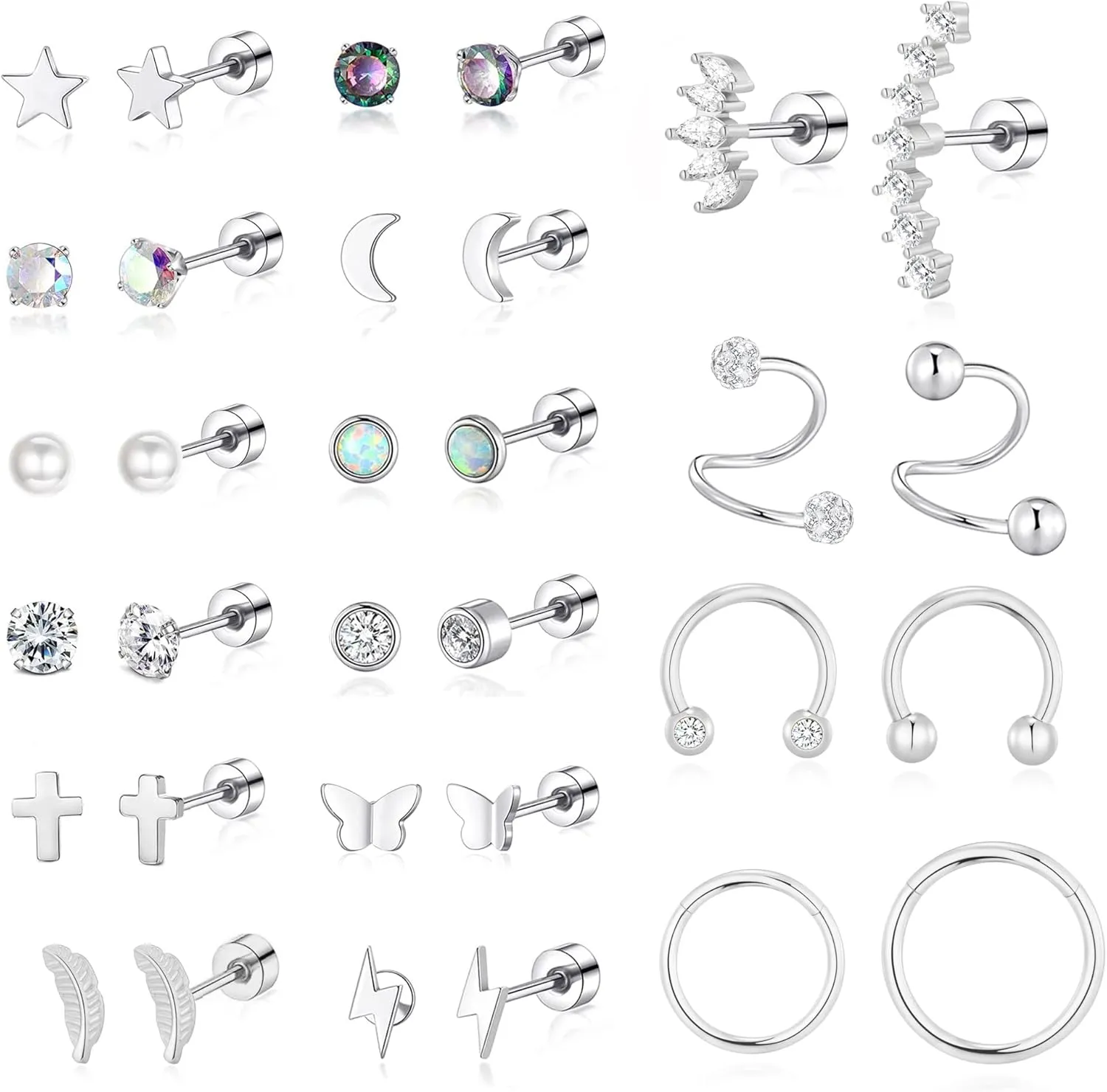 PLOMFOV 20G Stainless Steel Stud Earrings Set for Women & Men - CZ Leaf Heart Star Moon Butterfly Flat Back & Cartilage Earrings - Stud Hoops & Helix Tragus Piercing Jewelry