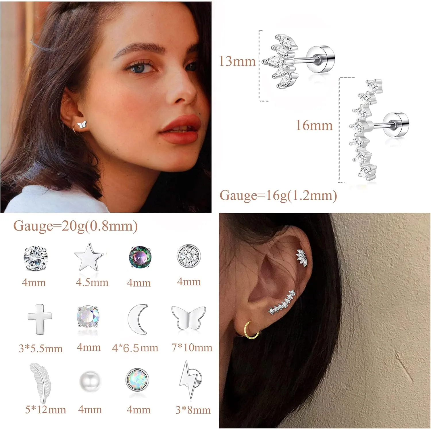 PLOMFOV 20G Stainless Steel Stud Earrings Set for Women & Men - CZ Leaf Heart Star Moon Butterfly Flat Back & Cartilage Earrings - Stud Hoops & Helix Tragus Piercing Jewelry